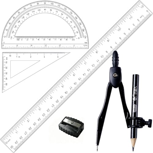 6 Pcs Plastic Geometry Math Set, 12 Inch Ruler, Compass, Sharpener, Pencil,Protractor & Square for Student School Office