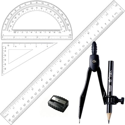 6 Pcs Plastic Geometry Math Set, 12 Inch Ruler, Compass, Sharpener, Pencil,Protractor & Square for Student School Office