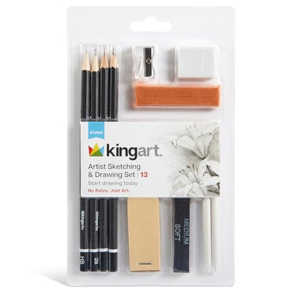 KINGART 13-Piece Sketching & Drawing Set – Complete Artist Kit with Graphite, Charcoal & Pastel Pencils, Blending Tools & Eraser in Portable Case – Art Supplies for Beginners & Professional Artists