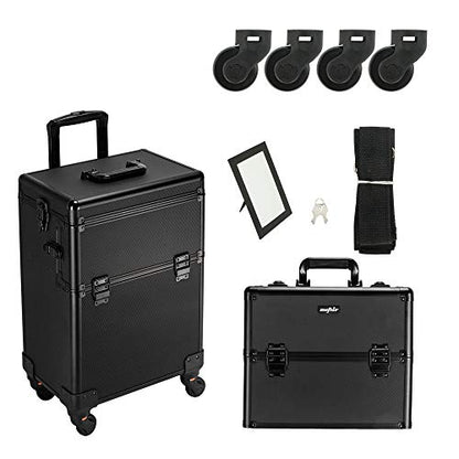 mefeir 2 in 1 Rolling Makeup Train Case Professional Cosmetic trolley on Wheels Aluminum Nail Cart Cosmetic Suitcase for professional makeup artist, Luggage Lockable w/4 Removable Wheels (Black) - color: 2IN1 Black