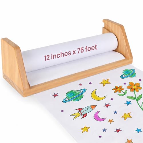 Wooden Kids Paper Roll Dispenser with 12" x 75 ft Art Paper Roll – Tabletop Easel for Drawing, Painting & Crafts – Smooth Easy-Pull Holder for Creative Play – 7 Days of Play - color: Paper Roll Dispenser