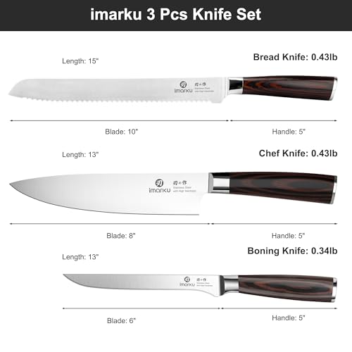 imarku Knife Set, 3 Piece Japanese High Carbon Stainless Steel | Razor Sharp 8 inch Chef Knife, 10 inch Bread Knife and 6 inch Boning Knife for Meat, Bread, Vegetables and Kitchen Prep - color: Pakkawood Brown