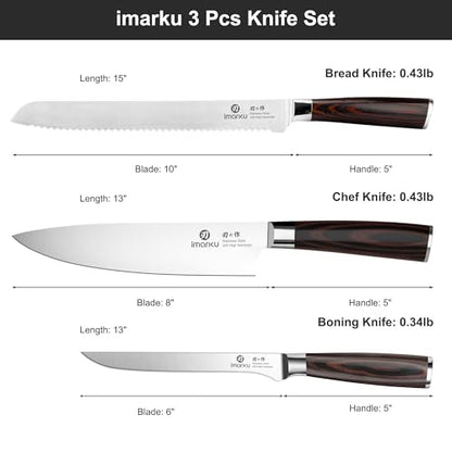 imarku Knife Set, 3 Piece Japanese High Carbon Stainless Steel | Razor Sharp 8 inch Chef Knife, 10 inch Bread Knife and 6 inch Boning Knife for Meat, Bread, Vegetables and Kitchen Prep - color: Pakkawood Brown