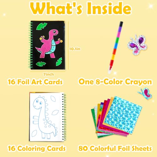 FUNNYB&G Foil Art Craft Kit for Kids 4-10 Years Old: Mess-Free & No-Glue, Create 16 Sparkly Dinosaur& Animal Pictures – Perfect Travel Toy & Birthday Gift for Kids (Dinosaur Animal) - style: Dinosaur