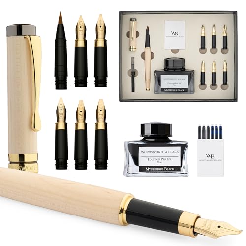 Wordsworth & Black Calligraphy Pen Gift Set, Includes Ink Bottle, 6 Cartridges, Refill Converter, 6 Replacement Nibs, Luxury Bamboo, Journaling, Smooth Writing Pens [Maple Wood] - color: Maple Wood