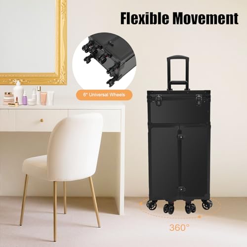 44.09lbs Lockable Makeup Train Case,Rolling Hairdressing Trolley,Beauty Salon Cosmetic Luggage with Universal Wheels for Hair Stylist,Make-up Artists (Black 8) - color: Black 8