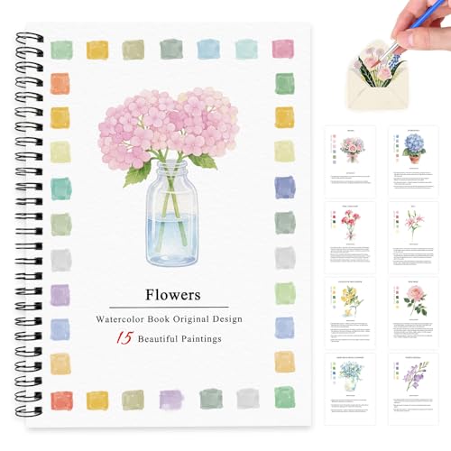 SLWBZ Watercolor Workbook Pink Flowers, 15 Different Patterns of Original DIY Designs, Beginner-Friendly Watercolor Workbooks, (Pink Hydrangeas, Without Palette) - color: Pink Hydrangea, size: without palette