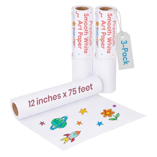 Art Paper Roll Refills – 12" x 75 ft (3-Pack) – Replacement Paper Rolls for Kids’ Art Tables, Easels & Craft Stations – Smooth White Drawing Paper – 7 Days of Play - color: Art Paper Roll
