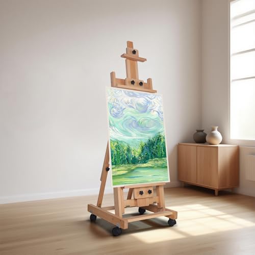 Movable Large H-Frame Painting Easel, 56 To 91" Adjustable Artist Studio Easel with Wheels & Tilting Flat Available, Premium Beech Wood, Heavy Duty Art Easel Stand for Home Drawing Studios Museums Etc