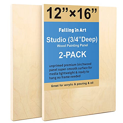 Falling in Art Unfinished Birch Wood Panels Kit, 2 Pack of 12x16’’ Studio 3/4’’ Deep Cradle Boards for Pouring Art, Crafts, Painting, and More - size: 12*16 2-pack