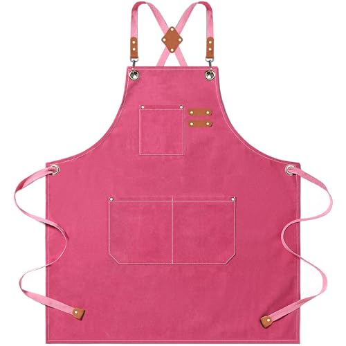 AFUN Aprons for Men Women with Large Pockets, 16-Ounce Cotton Canvas Cross Back Apron - color: Pink