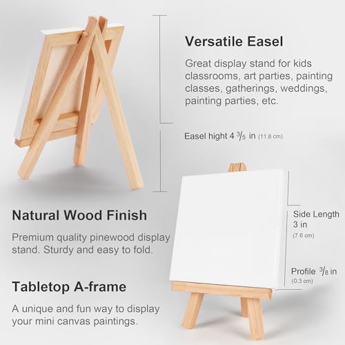 AUREUO Mini Canvas and Easel Set - 3x3 Inch/ 12 Pack - 2/5 Inch Profile Small Square Canvas with Display Stand - Art Gift Set Bulk Pack Canvases for Acrylic Painting & Craft - size: 3"x3" with Easel