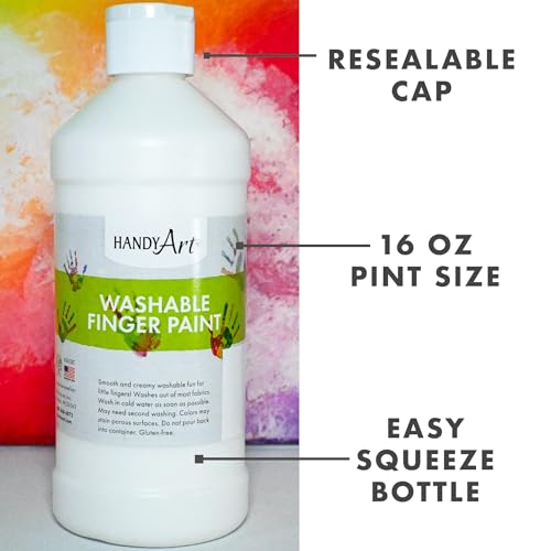 Handy Art Washable Finger Paint, White, 16 oz Bottle, Easy Clean Up, Sensory Paints for Fingers & Hand Prints, Ages 3 & Up, Safe for Kids & Toddlers, AP Certified Non-Toxic, Made in USA - color: White