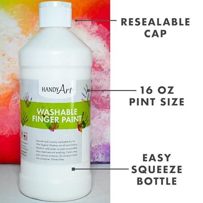 Handy Art Washable Finger Paint, White, 16 oz Bottle, Easy Clean Up, Sensory Paints for Fingers & Hand Prints, Ages 3 & Up, Safe for Kids & Toddlers, AP Certified Non-Toxic, Made in USA - color: White