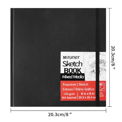 E-WEICHEN Mixed Media Sketch Pad, 8 x 8 inches 125 GSM (100 Sheets/200 Pages) Sketchbook for Drawing, Hardcover Mix Media Art Sketchbook for Wet and Dry Media,Painting,Drawing. 8X8 - color: 8x8in-Black