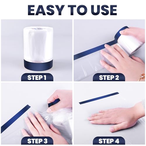 ADHES Painters Plastic with Tape, 102 inch x 90 feet x 3 Rolls Painters Tape with Plastic Attached, Pre Taped Masking Film for Automotive Painting Covering - size: 102inch