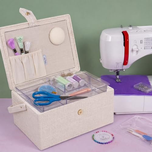 Hobby Gift Medium Sewing Box Organiser, Fabric Covered Storage Box with Handle, Internal Tray, Pin Cushion and Pocket for Sewing, Quilting and Knitting Supplies - color: Hydrangea