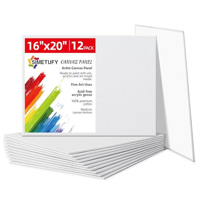 Simetufy 12 Pack 16x20 Inch Flat Canvas Panels Large Painting Canvas Boards - 8 Oz Triple Primed 100% Cotton Acid Free White Blank for Acrylic, Oil Paints - size: 16"x20"