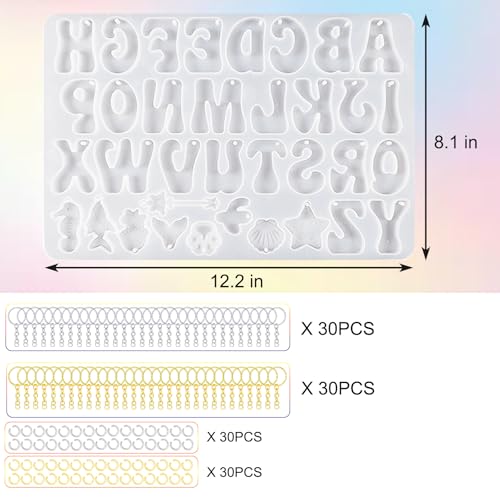 Anlan-angel Alphabet Keychain Molds with Hole, 121Pcs Reversed Alphabet Silicone Molds for Resin Letter Number Epoxy Casting Molds Keychain Making Kit with Key Ring O Ring for Resin Crafts
