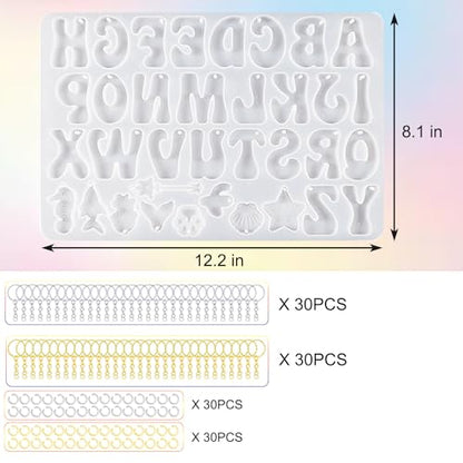 Anlan-angel Alphabet Keychain Molds with Hole, 121Pcs Reversed Alphabet Silicone Molds for Resin Letter Number Epoxy Casting Molds Keychain Making Kit with Key Ring O Ring for Resin Crafts