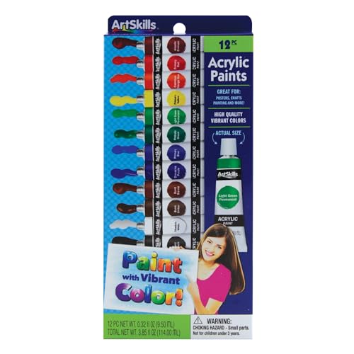 ArtSkills Premium Acrylic Paints, Arts and Crafts Supplies, Assorted Colors, 0.32 fl oz Each, 12 Count (PA-2039)