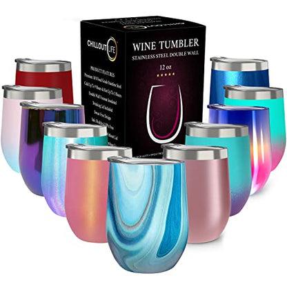CHILLOUT LIFE 12 oz Stainless Steel Wine Tumbler with Lid - Double Wall Vacuum Insulated Wine Cup Glass Keeping Cold & Hot for Coffee, Champagne, Cocktails, Ice Cream - color: Ocean Marble, style: 1 Pack