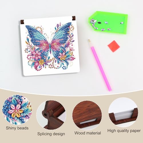 Diamond Painting Kit memo Box, Diamonds Art DIY Butterfly and Flower Patterns Sticky Note Box Special Shape Drill, with 160 Sticky Note, Ideal for Home Office Supplies, Handicrafts, Holiday Gifts - color: Butterfly and Flower