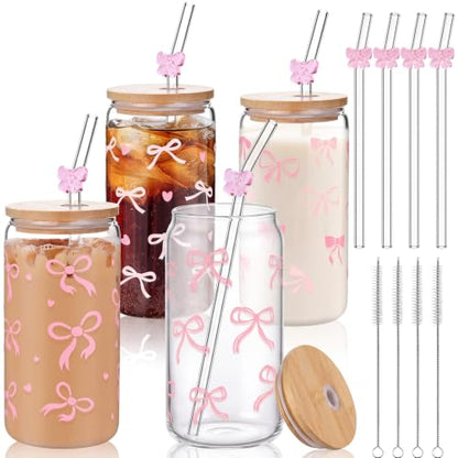 4 Set 16 oz Coquette Bows Glass Cups with Lids and Bows Straws Cleaning Brushes Aesthetic Iced Coffee Cup Reusable Mug for Women Sister Birthday Gift Not Dishwasher Safe(Pink,Bow) - color: Pink, size: Bow