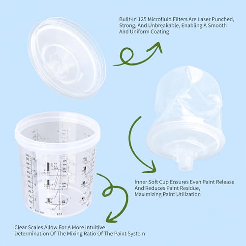 Disposable Paint Spray Gun Cups for Automotive Paint Gun, Paint Mixing Cups 20 Ounce Kit - 50 Pack Paint Cups with Lids,2 Hard Cups with 2 Retainer Rings,1 Paint Gun Adapter and 1 Paint Stirrer - size: 20 ounce