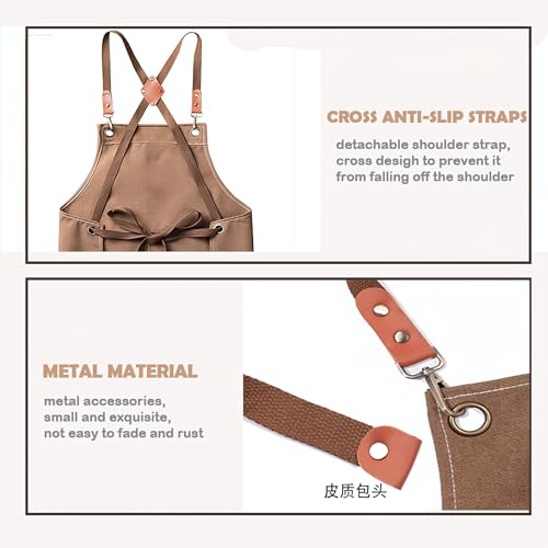 Multi-Pocket Waterproof Oil-Proof Canvas Cotton Apron Cross-Back Adjustable Straps For Chefs Barbers Carpenters - color: Brown