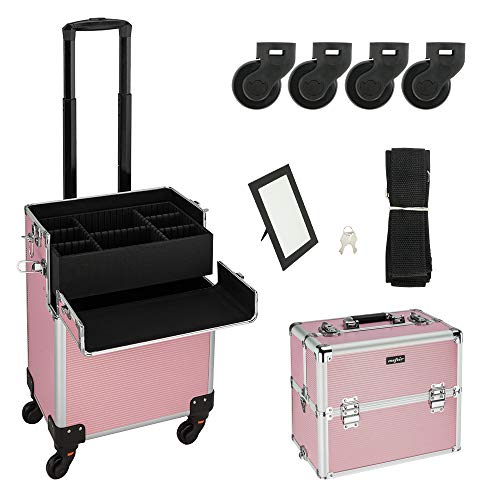 mefeir 2 in 1 Rolling Makeup Train Case, Makeup Travel Organizer Cosmetology Case, Aluminum Cosmetic Display Suitcase on Wheels, Beauty Storage Luggage Lockable w/4 Removable Wheels (Pink) - color: 2IN1 Pink