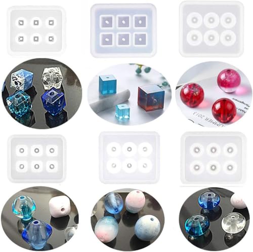 6 Pack Resin Beads Molds with Hole Silicone Resin Epoxy Molds for Cabochon Gemstone Pendant Earrings Jewelry Casting
