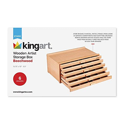 KINGART Wood 6-Drawer Artist SUPPLY STORAGE BOX, 15-3/4” W x 10” D x 6-1/2” H, Natural Finish, Storage for Art Materials including Paint Tubes, Pastels, Pencils, Markers, Brushes and more