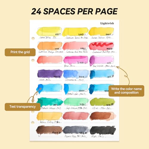 Lightwish Watercolor Swatch Paper Bulk - 100% Cotton Cold Press 300gsm/140lb, 2 Pack Total 40 Sheets 24 Spaces A5 Hole-Punched Replaceable Paper for Watercolor, Gouache, Oil Pastels,5.8 * 8.2 Inches