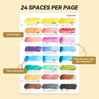Lightwish Watercolor Swatch Paper Bulk - 100% Cotton Cold Press 300gsm/140lb, 2 Pack Total 40 Sheets 24 Spaces A5 Hole-Punched Replaceable Paper for Watercolor, Gouache, Oil Pastels,5.8 * 8.2 Inches