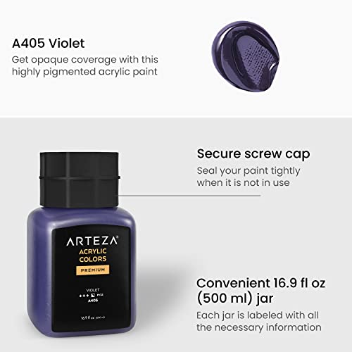 ARTEZA Acrylic Paint, A405 Violet, 16.9 fl oz, 500ml Jar, Opaque, Quick-Drying, Acrylic Paints for Painting on Canvas, Paper, and Wood - color: A405 Violet, size: 16.9 Fl Oz (Pack of 1)