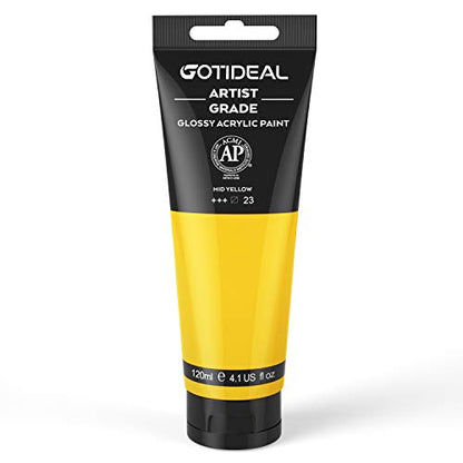 GOTIDEAL Acrylic Paint Mid Yellow Tubes(120ml, 4.1 oz) Non Toxic Non Fading,Rich Pigments for Painters, Adults & Kids, Ideal for Canvas Wood Clay Fabric Ceramic Craft Supplies (Mid Yellow) - color: Mid Yellow, style: Regular