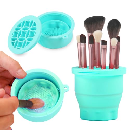 Makeup Brushes Cleaner Mat with Brush Storage Holder, Folding Portable Washing Tool for Makeup Brush Cleaning, 2 In 1 Silicone Brush Cleaner Pad & Cosmetic Brush Organizer Rack (Green) - color: Green