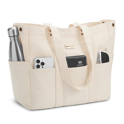 TOPDesign Large Canvas Tote Bag for Women, Shoulder Bag with Laptop Sleeve & Pockets, Everything Tote for Travel, Work (Beige) - color: Beige