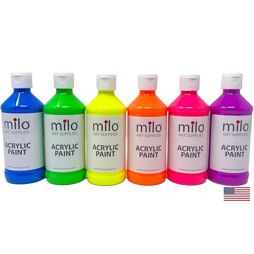 milo Fluorescent Acrylic Paint Set of 6 Colors | 8 oz Bottles | Student Neon Colors Acrylics Painting Pack | Glows UV in Black Light | Non-Toxic Arts & Crafts Paints for Artists & Hobby Painters | Made in USA - style: Fluorescent Set 6 x 8 oz