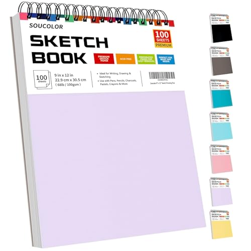 Soucolor 9x12 Sketch Book,100 Sheets Drawing Paper,Sketchbook for Teen Girl | Top Spiral Bound 68lb acid-free paper, Micro-perforated pages,Lay-flat top spiral ,Great for pencils, Pens & All dry media - color: Purple, size: 9" x 12" (Pack of 1)