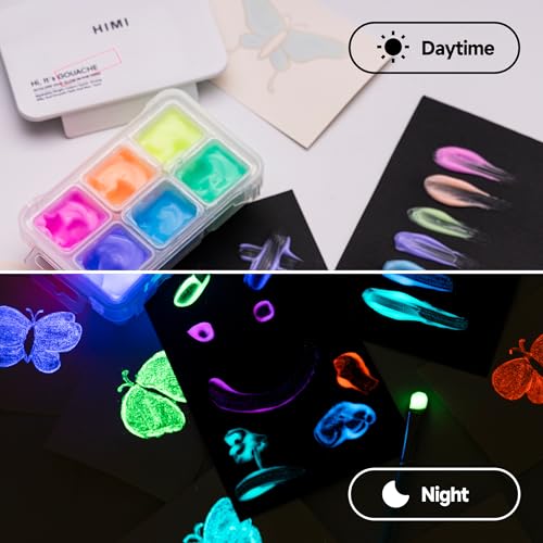HIMI Glow in The Dark Jelly Gouache Paint Set, 6 Colors 23ml, Jelly Cup Design, Travel carry, Non Toxic Paint for Canvas and Paper, Art Supplies for Professionals - color: Glow in the dark