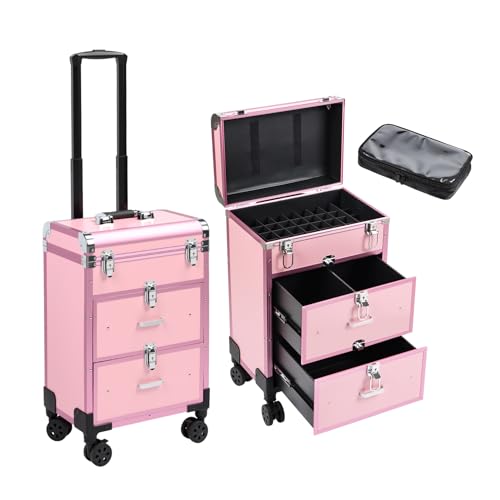 3 in 1 Rolling Makeup Case, Professional Cosmetology Case on Wheels, Detachable Clear Makeup Bag & Nail Polish Organizer, Portable Makeup Trolley with Drawers for Makeup Artists & Nail Technicians - color: Pink