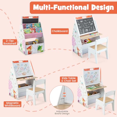 HONEY JOY Kids Art Easel, Wooden Double-Sided Toddler Table & Chair Set w/Adjustable Magnetic White Board & Chalkboard, Bookshelf & Storage Bin, Arts & Crafts, Kids Art Table for Boys Girls (White) - color: White
