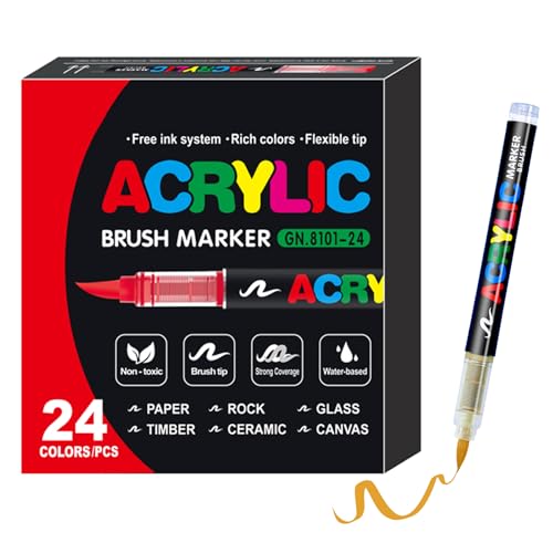 KsopiaVobs 24 Color Paint Pens, Soft Brush Tip Acrylic Paint Markers, Quick-Drying Waterproof Markers for Canvas, Rock, Wood, Stone, Glass, Ceramic, Fabric Painting, DIY Crafts - color: 24 Color