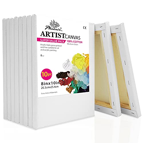 PHOENIX Stretched Canvas for Painting 8x10 Inch/10 Value Pack, 8 Oz Triple Primed 5/8 Inch Profile 100% Cotton White Blank Canvas, Artist Framed Canvas for Oil Acrylic & Pouring Art - size: 8"x10", style: Studio Set (8 Oz.)