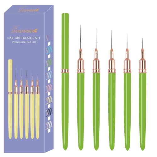 5PCS Liner Brushes for Nails, Nail Art Liner Brushes Set, 6/9/12/15/18mm Thin Detail Brush for Long Lines & Fine Drawing, UV Gel Polish Painting Nail Design Tools - Green - color: Green