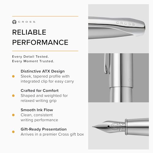 Cross ATX Pure Chrome Stainless Steel Fine Nib Fountain Pen - Refillable Pen for Smooth Writing - Black Ink - Comfortable Grip - Long-Lasting - Professional Office Supplies - color: Pure Chrome, style: Fine Nib