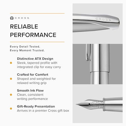 Cross ATX Pure Chrome Stainless Steel Fine Nib Fountain Pen - Refillable Pen for Smooth Writing - Black Ink - Comfortable Grip - Long-Lasting - Professional Office Supplies - color: Pure Chrome, style: Fine Nib