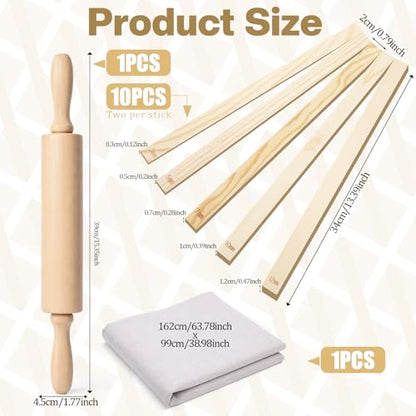IMengjbang 12 Pcs Pottery Tools Set, Wooden Clay Rolling Pin with 5 Size Thickness Guides, Linen Tablecloth for Ceramic Pottery Making, Clay Roller for Crafts
